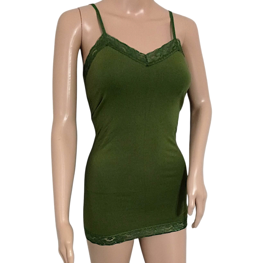 Y2K Lace Trim Fitted Cami Tank Top S Slim Fit Adjustable Straps Long Olive Green - Picture 5 of 16